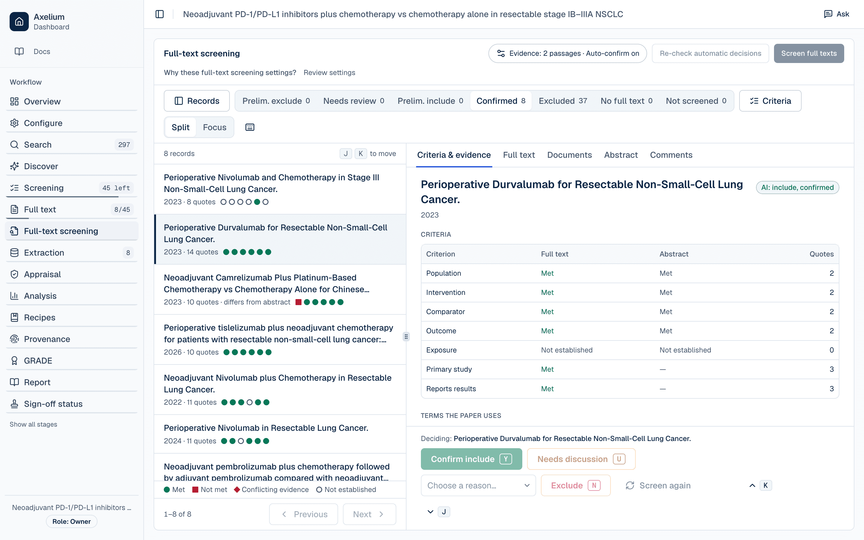 Full-text screening: tabs for each verdict, the list of studies with one mark per criterion, and the open study's criteria beside the decision bar