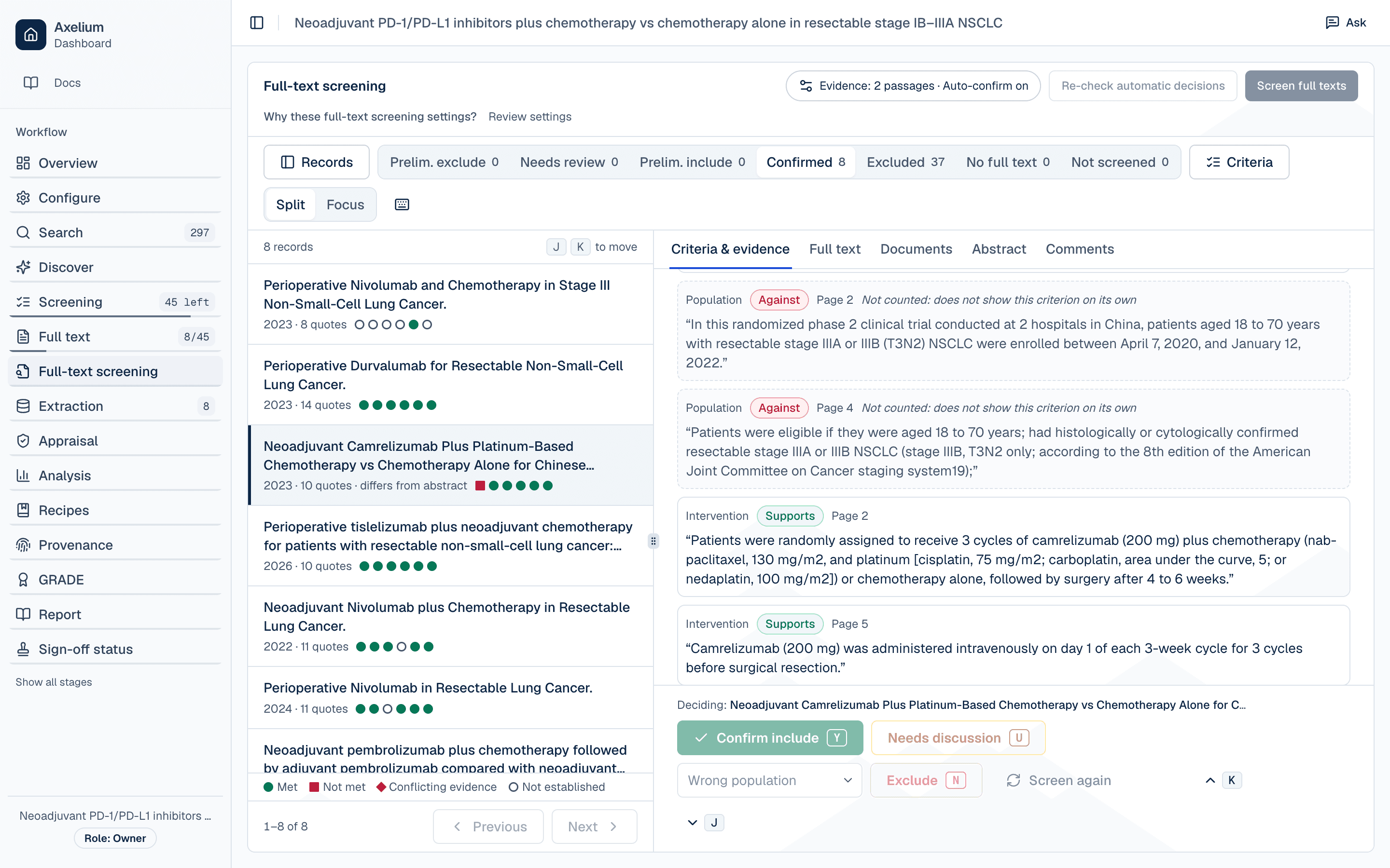 Criteria and evidence tab listing the passages behind each criterion, with their page and whether each supports or goes against it