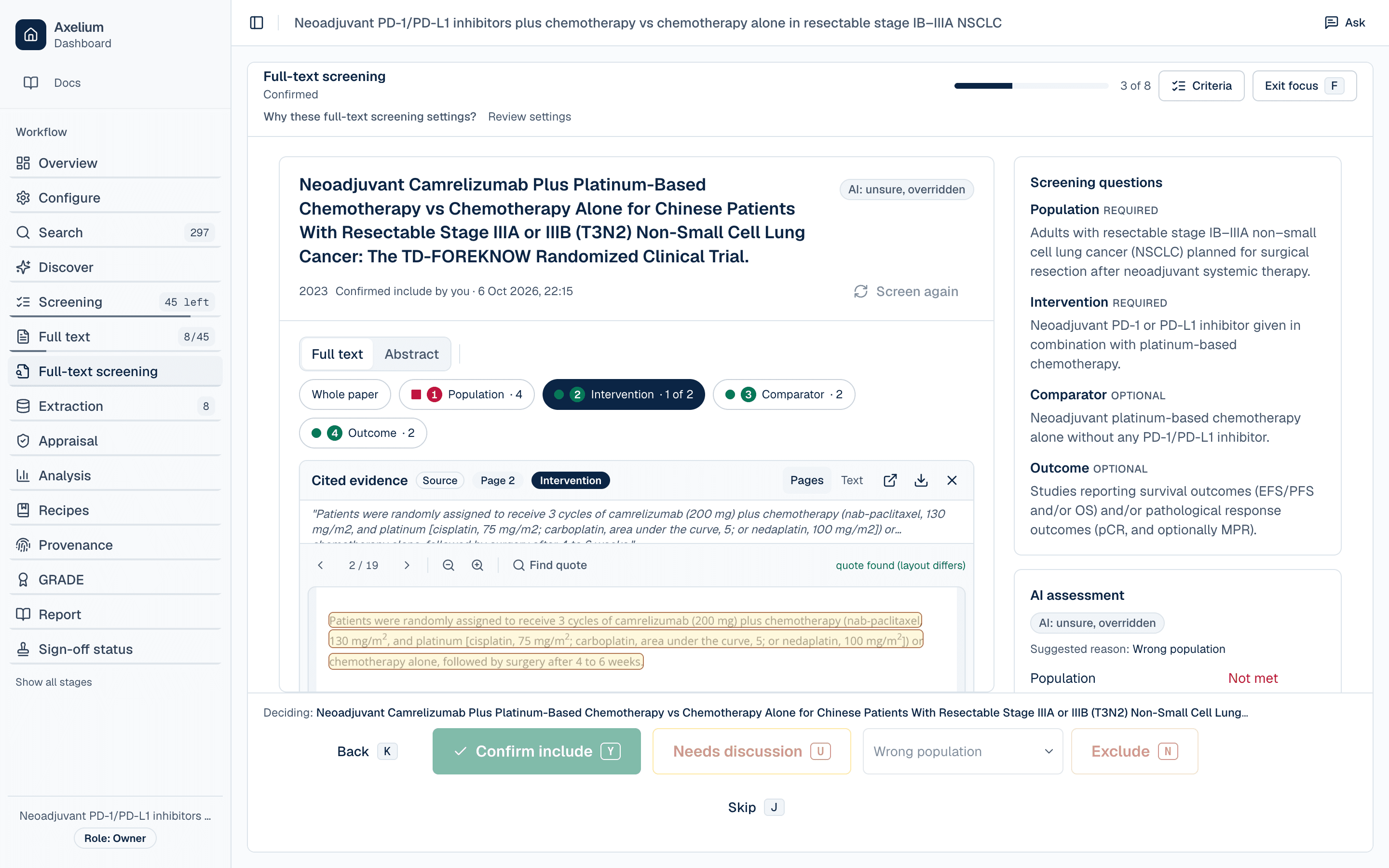 Focus view with the paper opened at a cited passage, highlighted on its page, and the screening questions and AI assessment beside it