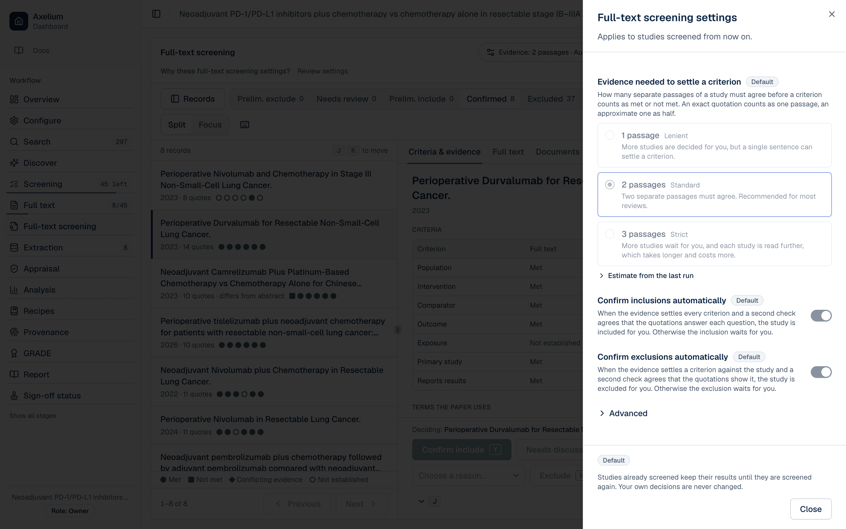 Full-text screening settings: how many passages settle a criterion, and switches for confirming inclusions and exclusions automatically