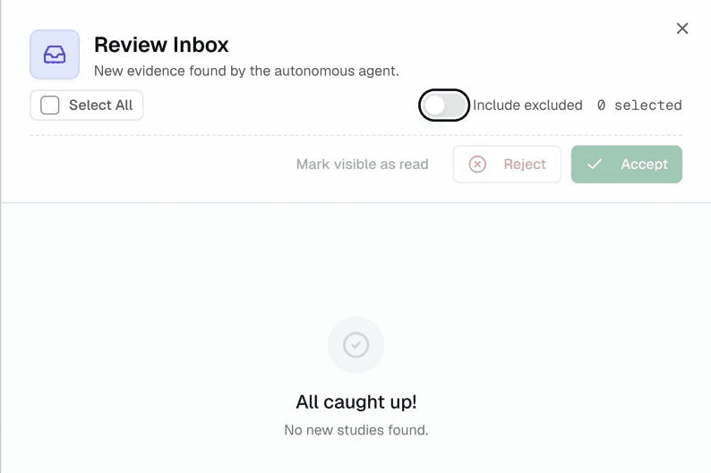 Review inbox for studies the scheduled runs find, empty after the latest cycle