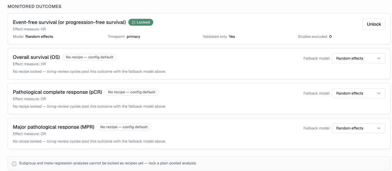 Recipes page listing each monitored outcome’s locked analysis method