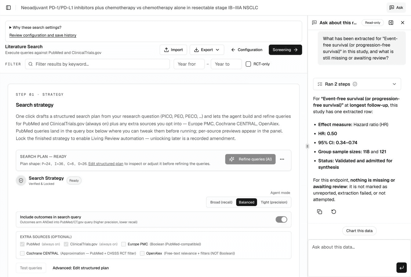 Ask panel open beside a review, answering a question about the review’s own data