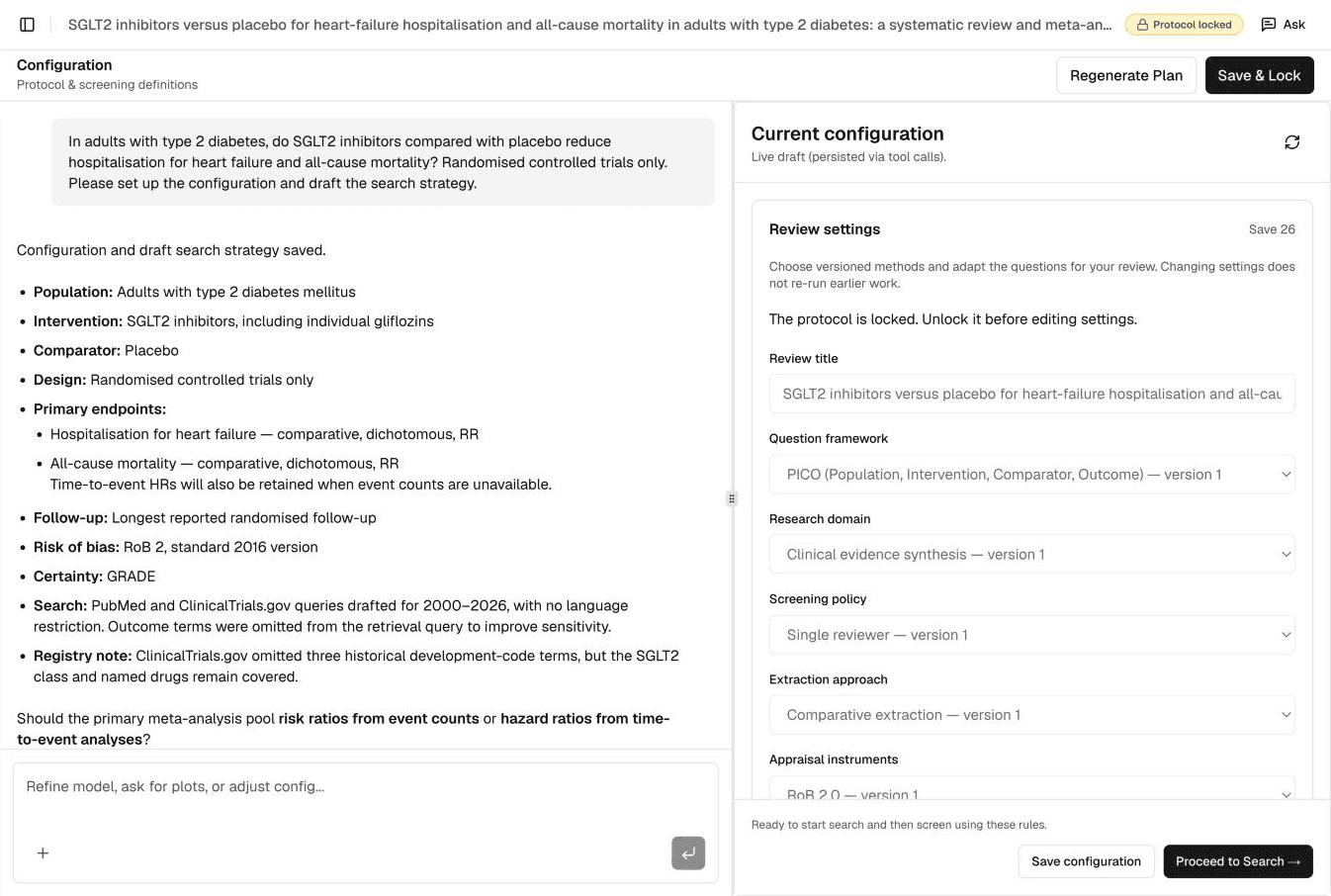 Configure: the assistant’s summary of the review question beside the review settings