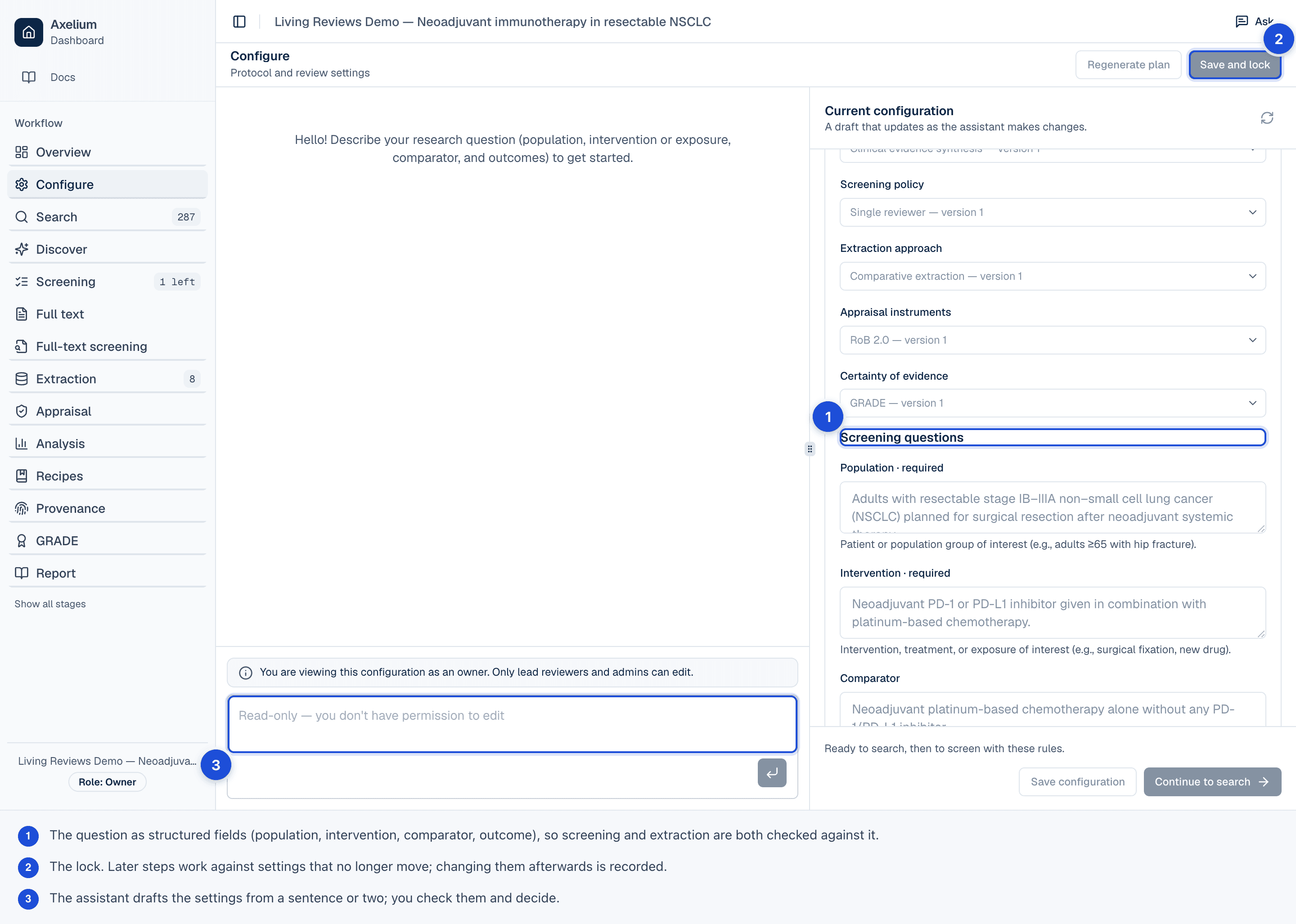 Configure tab showing review question and outcomes