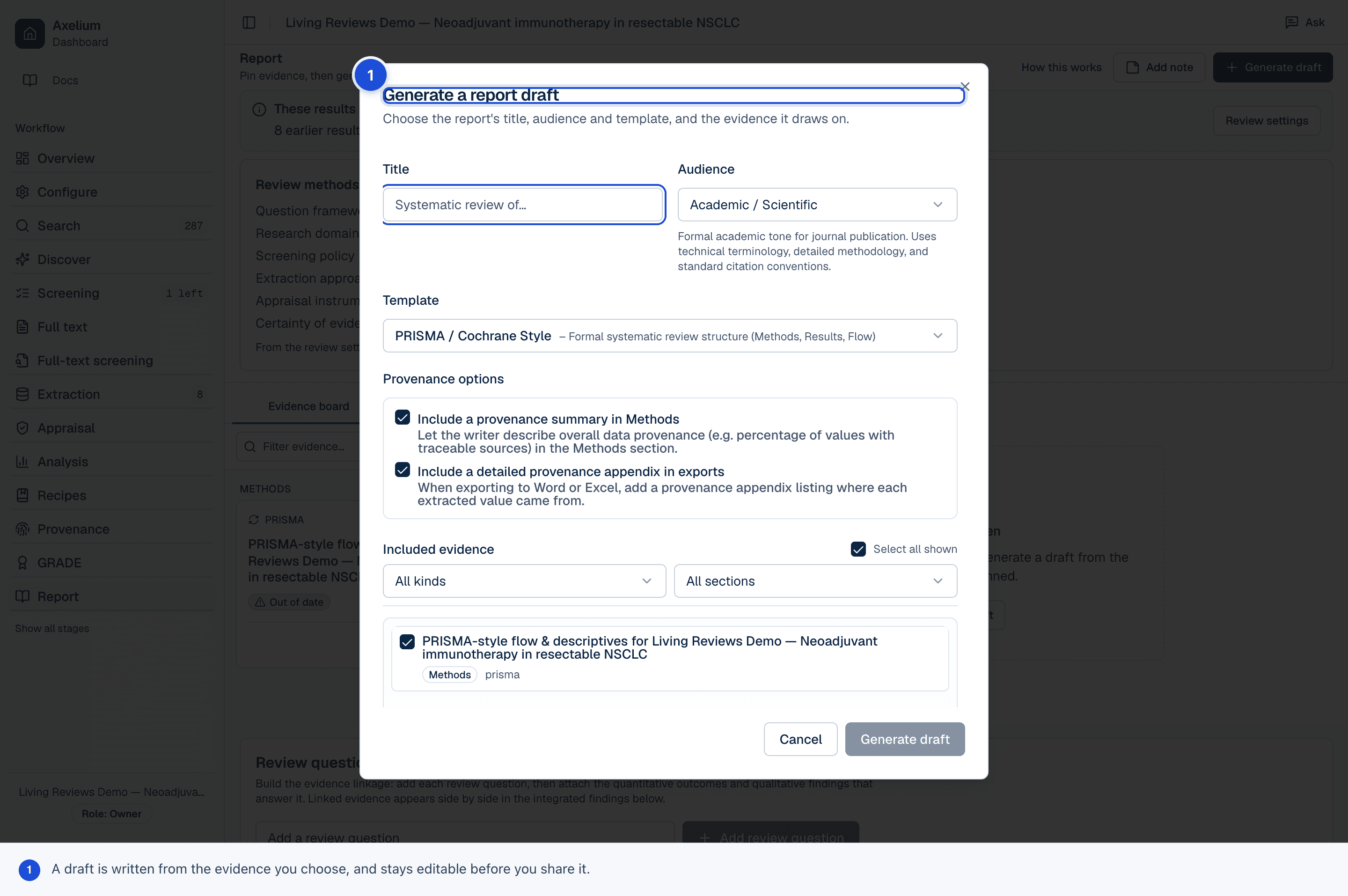 Report creation dialog