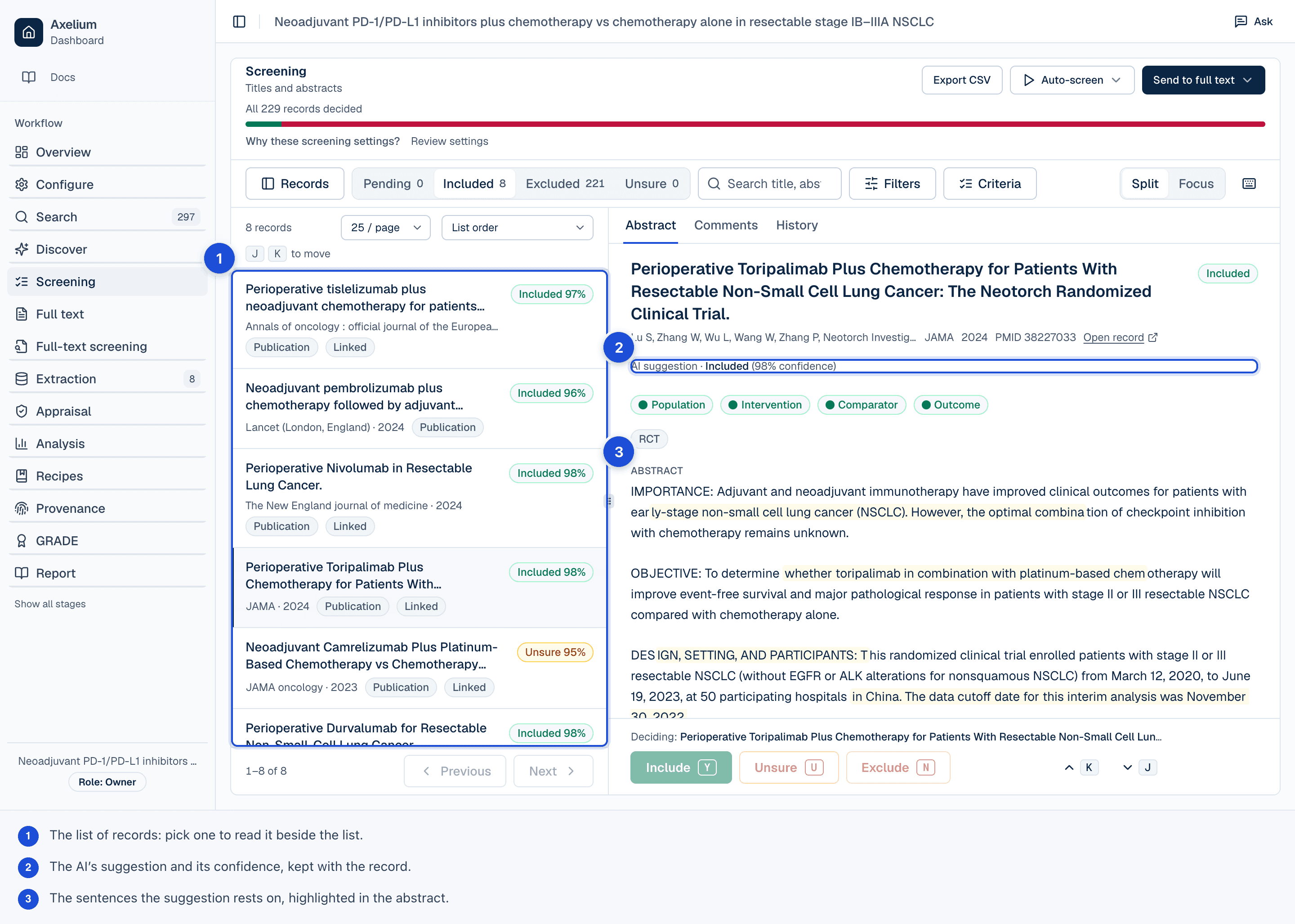 Screening: the list of records beside the open record and its decision bar